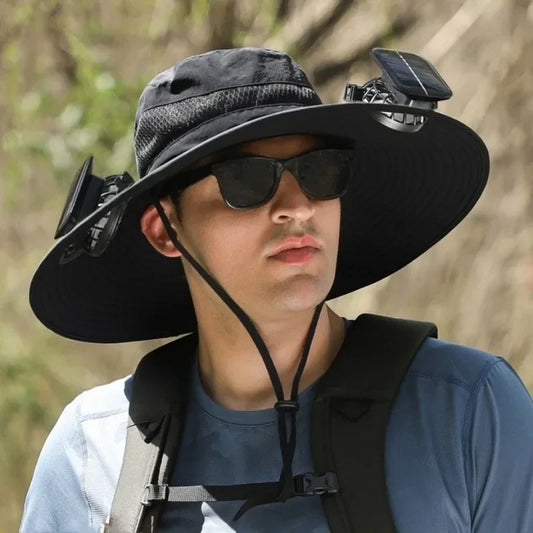 UPF 50+ Wide Brim Sun Hat with Dual Cooling Fans – USB Rechargeable Outdoor Hat for Hiking, Fishing & Summer Heat Protection