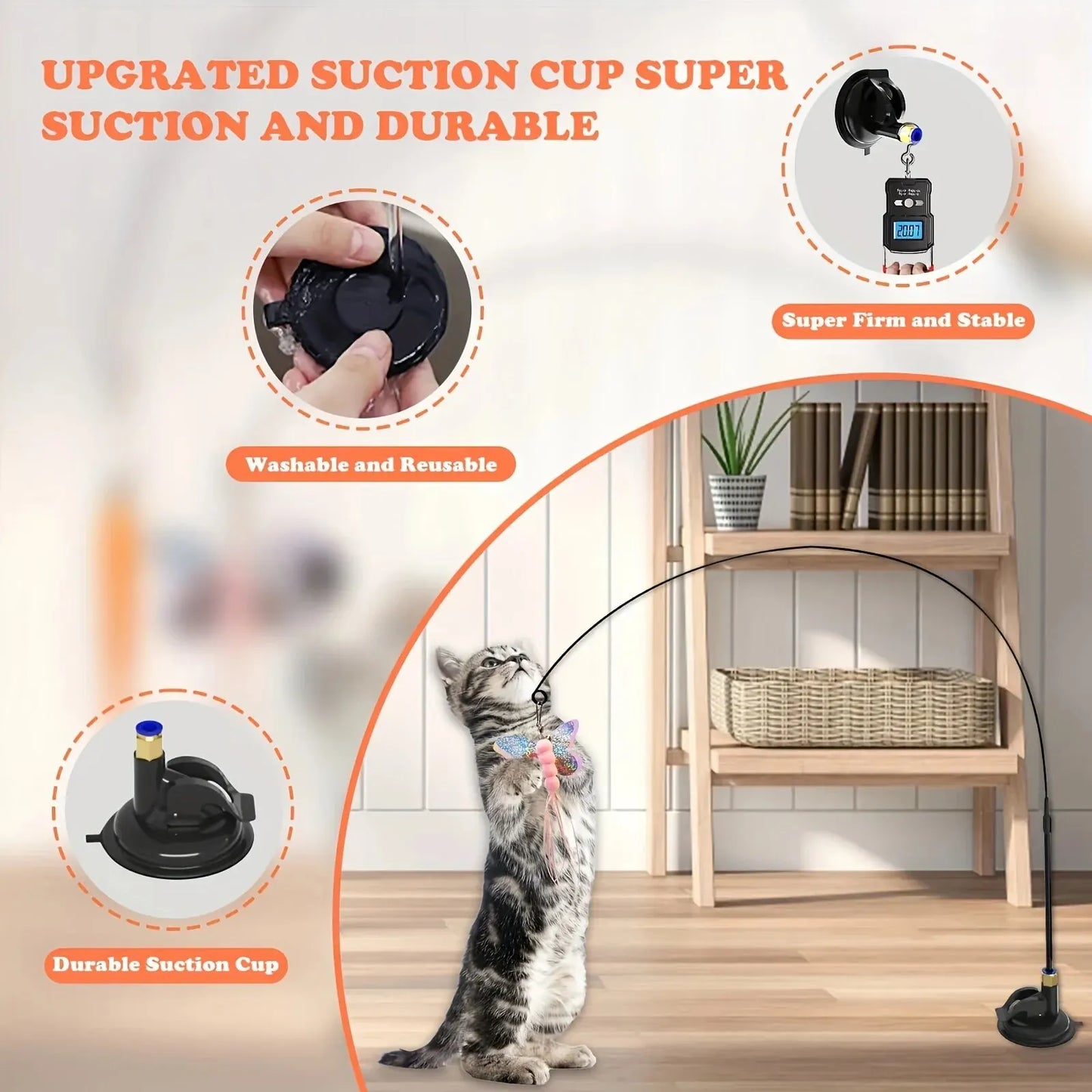 Cat Playmate Feather Wand – Interactive Teaser Toy for Indoor Cats with Suction Cup Mount